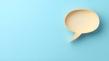 Light blue background features speech bubble cutout in paper craft style, presenting communication concept with beige balloon shape and soft shadow effects. artistic photo