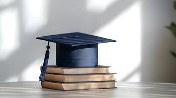 Navy blue graduation mortarboard rests atop stacked books, symbolizing academic achievement with tassel detail and window light shadow effects in minimalist style. intellectual photo