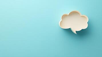 Light blue background features speech bubble cutout in paper craft style, presenting communication concept with beige balloon shape and soft shadow effects. innovative photo