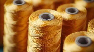 Multiple yellow thread spools arranged in rows demonstrate textile manufacturing materials, featuring macro details of cotton thread bobbins with soft-focus background effects. bobbins photo