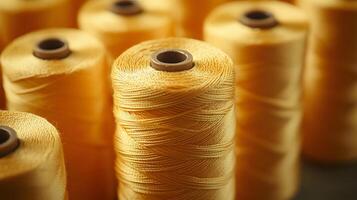Multiple yellow thread spools arranged in rows demonstrate textile manufacturing materials, featuring macro details of cotton thread bobbins with soft-focus background effects. materials photo