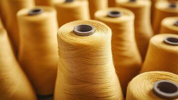Multiple yellow thread spools arranged in rows demonstrate textile manufacturing materials, featuring macro details of cotton thread bobbins with soft-focus background effects. arranged photo