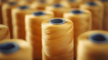Multiple yellow thread spools arranged in rows demonstrate textile manufacturing materials, featuring macro details of cotton thread bobbins with soft-focus background effects. rows photo
