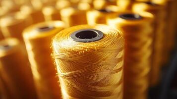 Multiple yellow thread spools arranged in rows demonstrate textile manufacturing materials, featuring macro details of cotton thread bobbins with soft-focus background effects. crafting photo
