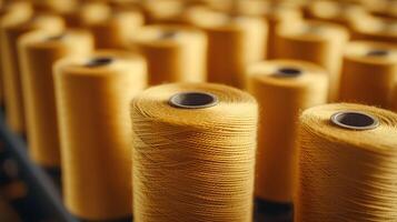 Multiple yellow thread spools arranged in rows demonstrate textile manufacturing materials, featuring macro details of cotton thread bobbins with soft-focus background effects. fabric photo