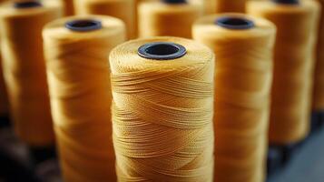 Multiple yellow thread spools arranged in rows demonstrate textile manufacturing materials, featuring macro details of cotton thread bobbins with soft-focus background effects. weaving photo