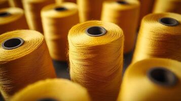Multiple yellow thread spools arranged in rows demonstrate textile manufacturing materials, featuring macro details of cotton thread bobbins with soft-focus background effects. pattern photo