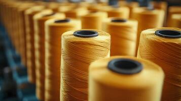 Multiple yellow thread spools arranged in rows demonstrate textile manufacturing materials, featuring macro details of cotton thread bobbins with soft-focus background effects. organized photo