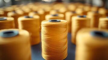 Multiple yellow thread spools arranged in rows demonstrate textile manufacturing materials, featuring macro details of cotton thread bobbins with soft-focus background effects. systematic photo
