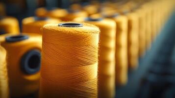 Multiple yellow thread spools arranged in rows demonstrate textile manufacturing materials, featuring macro details of cotton thread bobbins with soft-focus background effects. mechanical photo