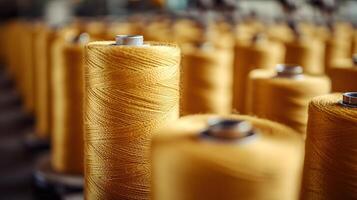 Multiple yellow thread spools arranged in rows demonstrate textile manufacturing materials, featuring macro details of cotton thread bobbins with soft-focus background effects. inventory photo