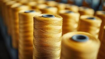 Multiple yellow thread spools arranged in rows demonstrate textile manufacturing materials, featuring macro details of cotton thread bobbins with soft-focus background effects. supply photo