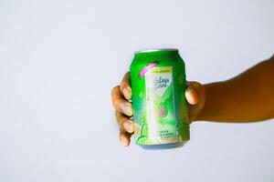 Lampung, January 22 2025, A hand holding a green can of herbal lemon drink on white background photo