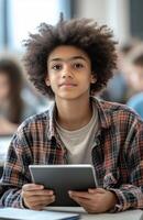 A high school mixed race student is sitting at a desk in class while holding a tablet computer and looking up at the camera. photo
