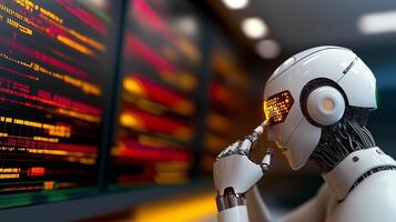 AI humanoid working in a high-stakes environment, such as a control room, managing multiple screens with real-time data photo