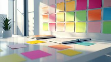 desktop with colorful sticky notes attached to a wall in office photo