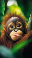 Sumatran orangutan resting on a tree branch surrounded by lush green rainforest photo