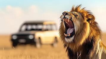 Lion yawn on the field in the savannah, with blur safari car in the background photo