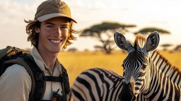 a man with a backpack and a zebra in the background photo