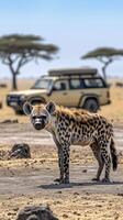 Side view pack of huge hyenas on the field in the savannah, with blur safari car in the background photo