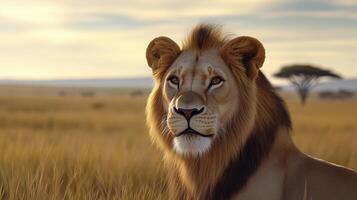 a lion is standing in the middle of a field photo