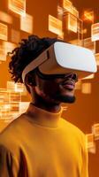 a man using a virtual reality headset on orange background photo