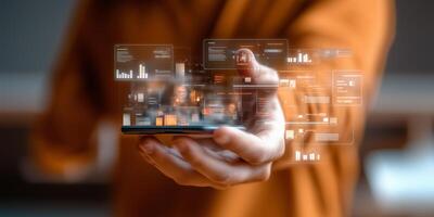 a person holding a smartphone with a business graph on it photo