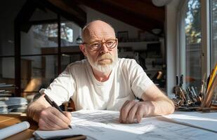 an older man sitting at a table with a pen and paper photo