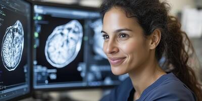 a woman is smiling while looking at two computer screens photo