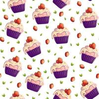 A seamless pattern featuring delicious pink cupcakes with creamy frosting and juicy strawberries on top. This sweet and cheerful design brings a fun and delightful mood to any creative project vector