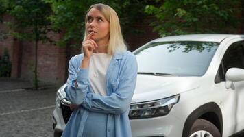 Contemplative Caucasian female pensive driver girl lady wondering woman vehicle owner contemplate in city businesswoman ponder car buyer thinking business automobile problem think solution auto answer photo