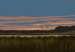 Sunset in the riverside with flying birds vector