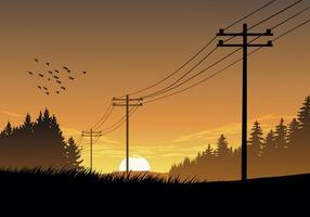 Sunset background with power lines vector