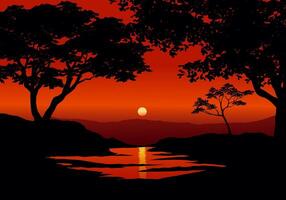 River and forest sunset. Silhouette of trees in foreground and the sun and red sky in background vector