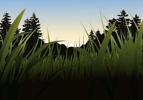 Sunrise in meadow with closeup of grass and silhouette of trees in background vector