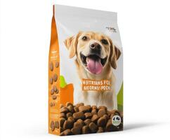 Dog food package featuring a happy Labrador retriever in a vibrant design meant for pet nutrition and care photo