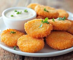 Crispy coconut-coated nuggets served with dipping sauce on a rustic wooden table photo