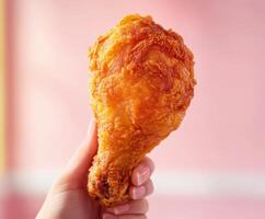 Crispy fried chicken drumstick held by hand against a pink background during a casual dining moment photo