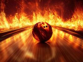 Bowling ball rolls down fiery lane in a dramatic indoor bowling alley with intense visuals photo