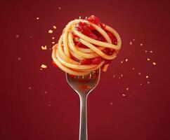 Fork holding a twirled portion of spaghetti topped with rich tomato sauce against a red backdrop photo