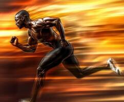 Dynamic athlete sprinting with intensity against a vibrant, blurred backdrop during a training session photo