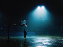 Basketball player practices alone on a rainy night under bright lights at an empty court photo