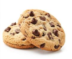 Delicious, freshly baked chocolate chip cookies stacked on a white surface ready for enjoyment photo