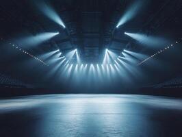 Bright stage lighting illuminates empty auditorium awaiting a live performance photo