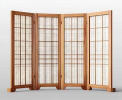 Elegant wooden room divider showcasing a modern design with translucent panels in a minimalistic home setting photo