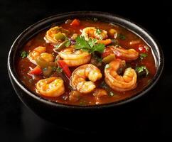 Delicious seafood stew featuring shrimp and vibrant vegetables in a dark bowl at a cozy dining table photo