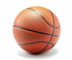 Bright orange basketball resting on a smooth surface with a glossy backdrop showcasing its texture and design photo