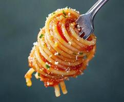 Delicious spaghetti twirled on fork with rich tomato sauce and herbs ready for enjoyment photo