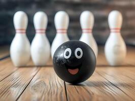 Smiling black bowling ball ready to roll in front of white bowling pins on a wooden surface photo