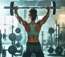 Strong woman lifts barbell in gym showcasing powerful physique and dedication to fitness training photo
